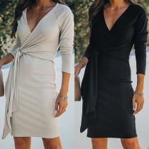 Sexy V-neck Long Sleeve Solid Color Slim Fit Lace-up Dress