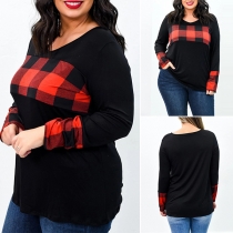 Fashion Plaid Spliced Long Sleeve Round Neck Plus Size T-shirt