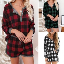 Fashion Long Sleeve Round Neck Plaid Top + Shorts Home-wear Set
