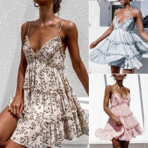 Sexy Backless V-neck Sling Printed Dress