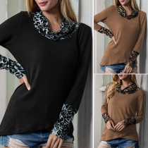 Fashion Printed Spliced Long Sleeve Cowl Neck T-shirt