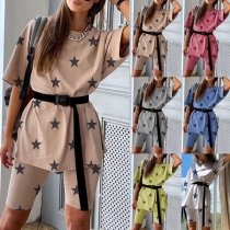 Fashion Star Printed Short Sleeve Round Neck T-shirt + Shorts Two-piece Set