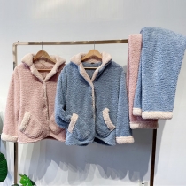 Fashion Contrast Color Plush Top + Pants Couple Home-wear Set