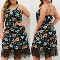 Sexy Backless V-neck Lace Spliced Hem Plus-size Printed Sling Dress