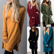 Fashion Solid Color Long Sleeve V-neck Slit Hem Loose T-shirt