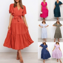 Sexy V-neck Lotus Sleeve High Waist Solid Color Dress