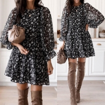 Sweet Style Long Sleeve Round Neck Printed Dress