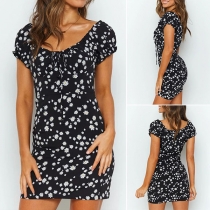 Fresh Style Short Sleeve Boat Neck Slim Fit Printed Dress