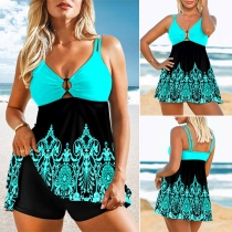 Fashion Gauze Splits Printed Top + Shorts Badkläder Set