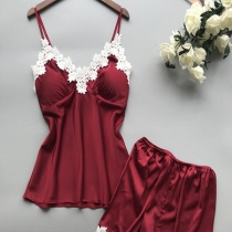 Sexy Backless V-neck Lace Spliced Sling Top + Shorts Nightwear Set