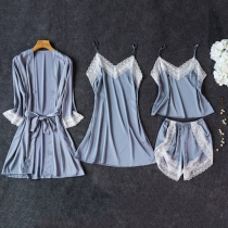 Sexy Lace Spliced Solid Color Nightwear Set 4 pcs/Set