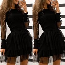 Sexy Gauze Spliced Long Sleeve Round Neck High Waist Dress