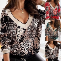Fashion Long Sleeve V-neck Printed T-shirt