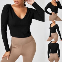 Fashion Solid Color Long Sleeve V-neck Knit Crop Top