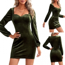 Elegant Solid Color Long Sleeve Square Collar Slim Fit Dress