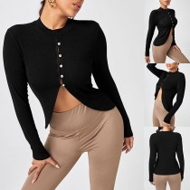 Chic Style Long Sleeve Round Neck Slit Hem Solid Color Top
