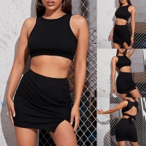 Sexy Backless Sleeveless Crop Top + Slit Hem Skirt Two-piece Set