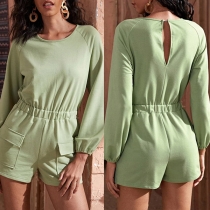 Fashion Solid Color Long Sleeve Round Neck High Waist Romper