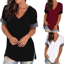 Fashion Contrast Color Short Sleeve V-neck Loose T-shirt