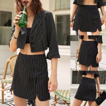 Fashion High Waist Slit Hem Striped Skirt