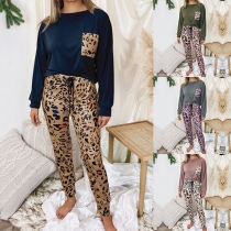 Fashion Leopard Printed Long Sleeve T-shirt + Pants Home-wear Two-piece Set