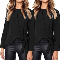 Fashion Solid Color Long Sleeve Round Neck Knotted Hem T-shirt