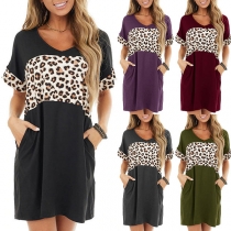 Fashion Leopard Printed Spliced Short Sleeve Round Neck T-shirt Dress
