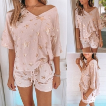 Fashion Sequin Star Spliced Half Sleeve T-shirt + Shorts Home-wear Set
