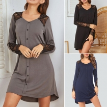 Fashion Lace Spliced Long Sleeve V-neck Nightwear Dress
