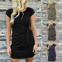 Fashion Solid Color Short Sleeve Round Neck Lace-up Dress