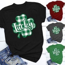 Fashion Four Leaf Clover Printed Short Sleeve Round Neck T-shirt
