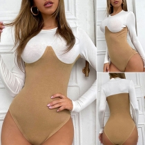 Fashion Contrast Color Long Sleeve Round Neck Bodysuit