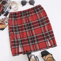 Fashion High Waist Slit Hem Slim Fit Plaid Skirt