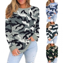 Fashion Long Sleeve Round Neck Camouflage Printed T-shirt