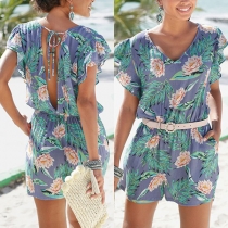 Bohemian Style Lotus Sleeve V-neck Backless Printed Romper