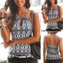 Sexy Backless V-neck Printed Halter Top
