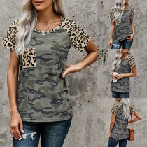 Fashion Leopard Spliced Short Sleeve Round Neck Camouflage Printed T-shirt