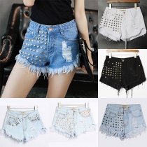 Punk Style Ripped High Waist Nitar Shorts with Frayed Hem