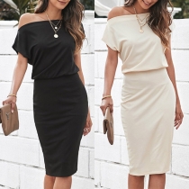 Sexy Off-shoulder Short Sleeve Solid Color Slim Fit Dress