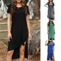 Fashion Solid Color Short Sleeve Round Neck Slit High-low Hem Dress