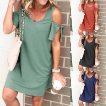 Sexy Off-shoulder Short Sleeve V-neck Solid Color Dress