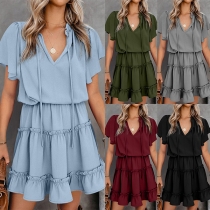 Fashion Solid Color V-neck Lotus Sleeve Ruffle Hem Dress