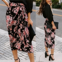 Fashion High Waist Irregular Slit Hem Printed Skirt