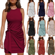 Simple Style Sleeveless Round Neck Lace-up Slim Fit Dress
