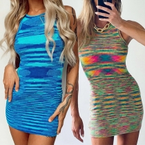 Fashion Sleeveless Round Neck Slim Fit Mixed Color Knit Dress