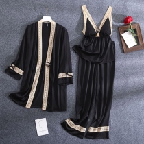 Sexy Lace Spliced Sling Top + Pants + Robe Nightwear Set