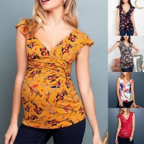 Sexy V-neck Sleeveless Printed Maternity T-shirt Top