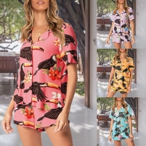 Fashion Short Sleeve Notched Lapel Printed Top + Shorts Nightwear Set
