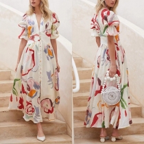 Sexy V-neck Puff Sleeve High Waist Printed Dress