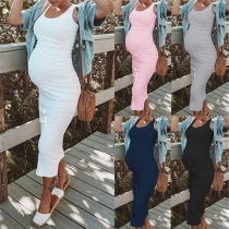 Simple Style Sleeveless Round Neck Solid Color Maternity Dress